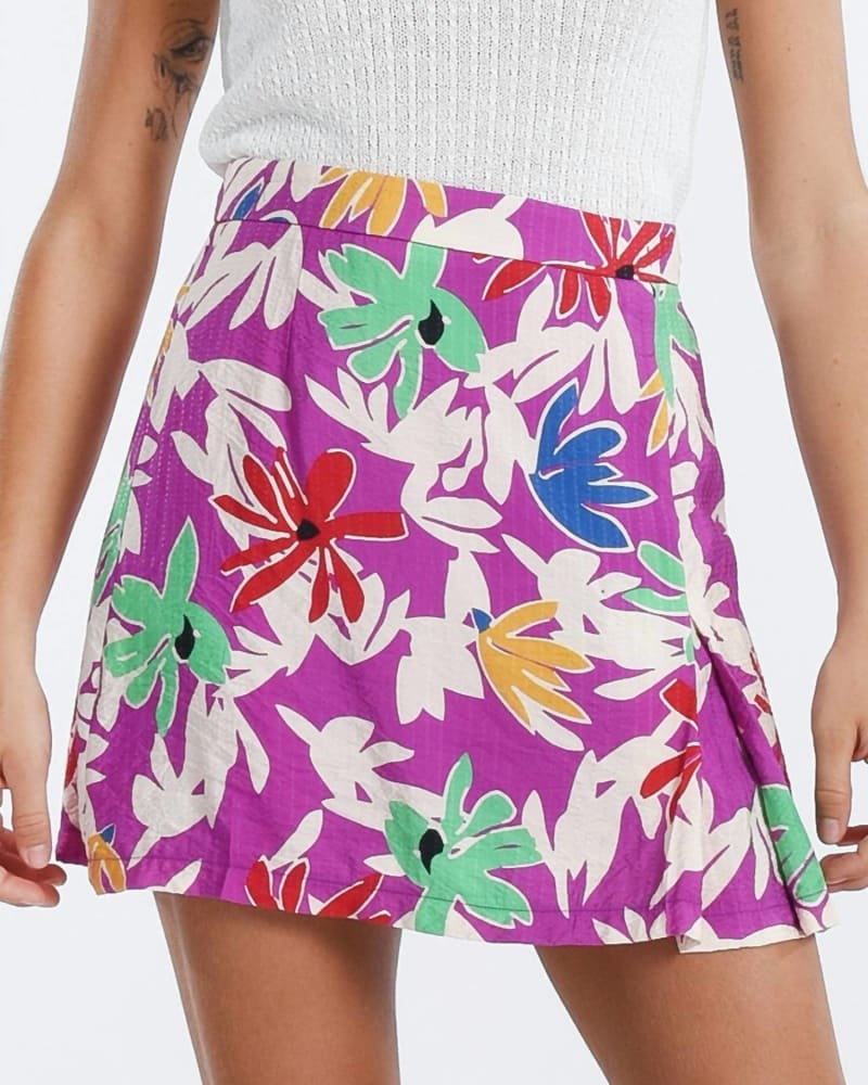 Front of a model wearing a size Large Eva Printed Skirt in Purple in Purple by MOLLY BRACKEN. | dia_product_style_image_id:346260